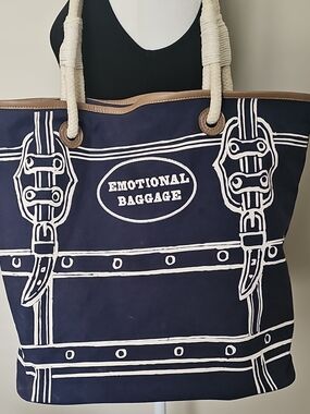 Studio Navy Blue "Emotional Baggage" Tote with Cream Rope Handles